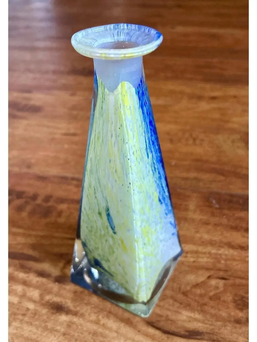 Murano Style Triangle Pyramid Bud Vase Blue / Green Swirl Multicolored